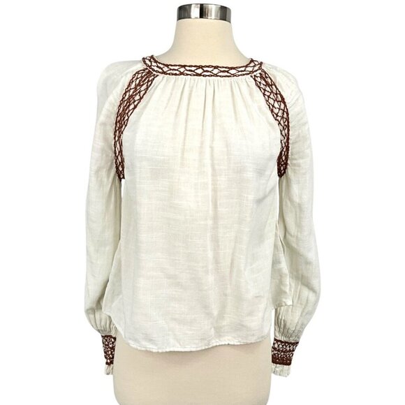 Faherty Tops - Faherty Arles Blouse Egret White Size M Embroidered Cotton Blend Top Peasant
